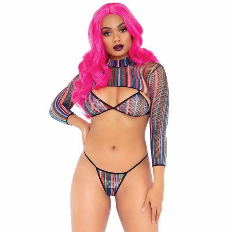 3 Pc Fishnet Bikini G-String and Crop Top - One Size - Multicolor