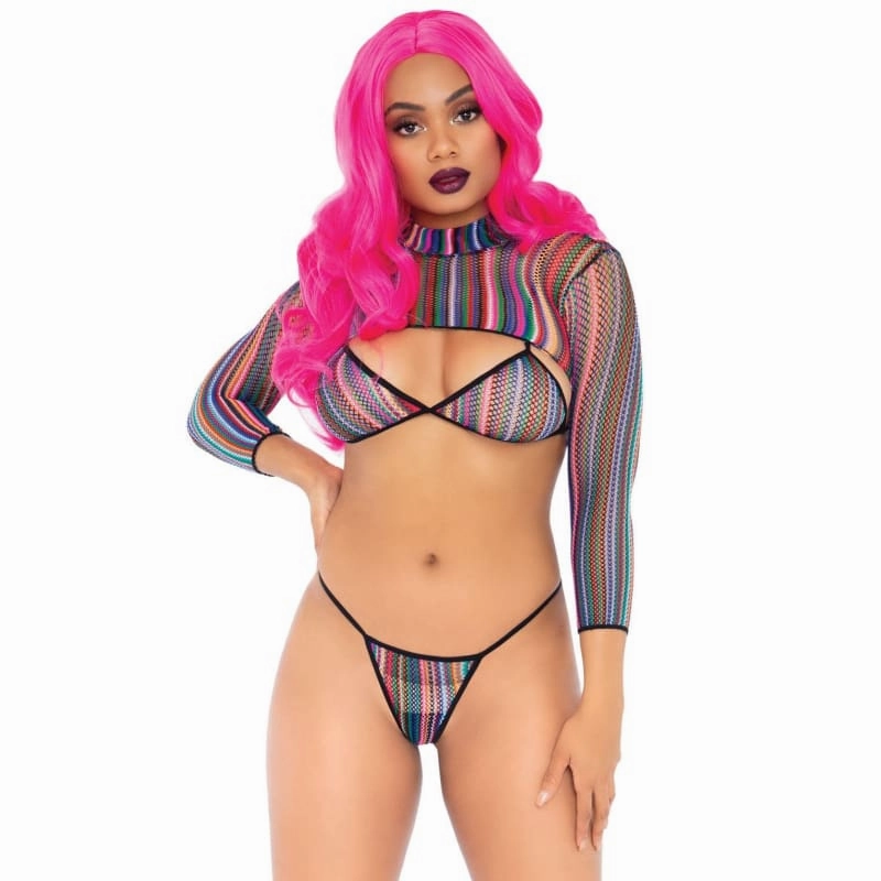 3 Pc Fishnet Bikini G-String and Crop Top - One Size - Multicolor