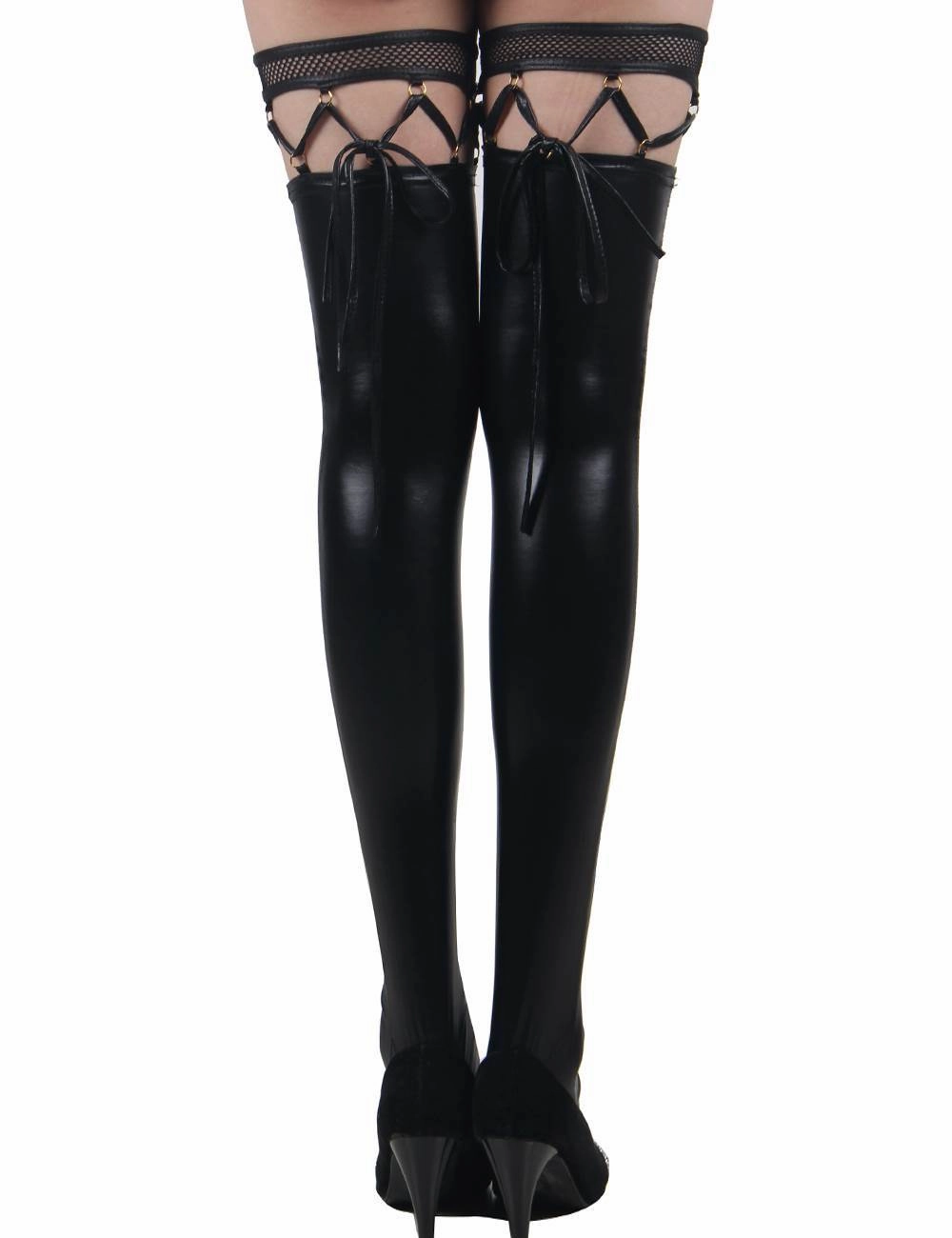 Black Faux Leather Stockings - One Size Fits Most