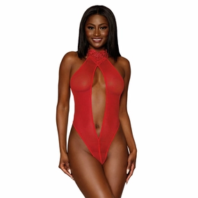 Dreamgirl Lingerie Fishnet Teddy with Heart Trim Details Red 12679