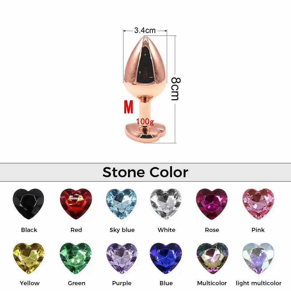 Quusvik - Multi-size stone Colored Rose Gold heart butt plug
