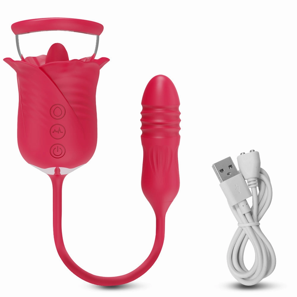 Rose Tongue 3 In 1 Vibrating & Sucking Vibrator Stimulator With Thrusting Dildo