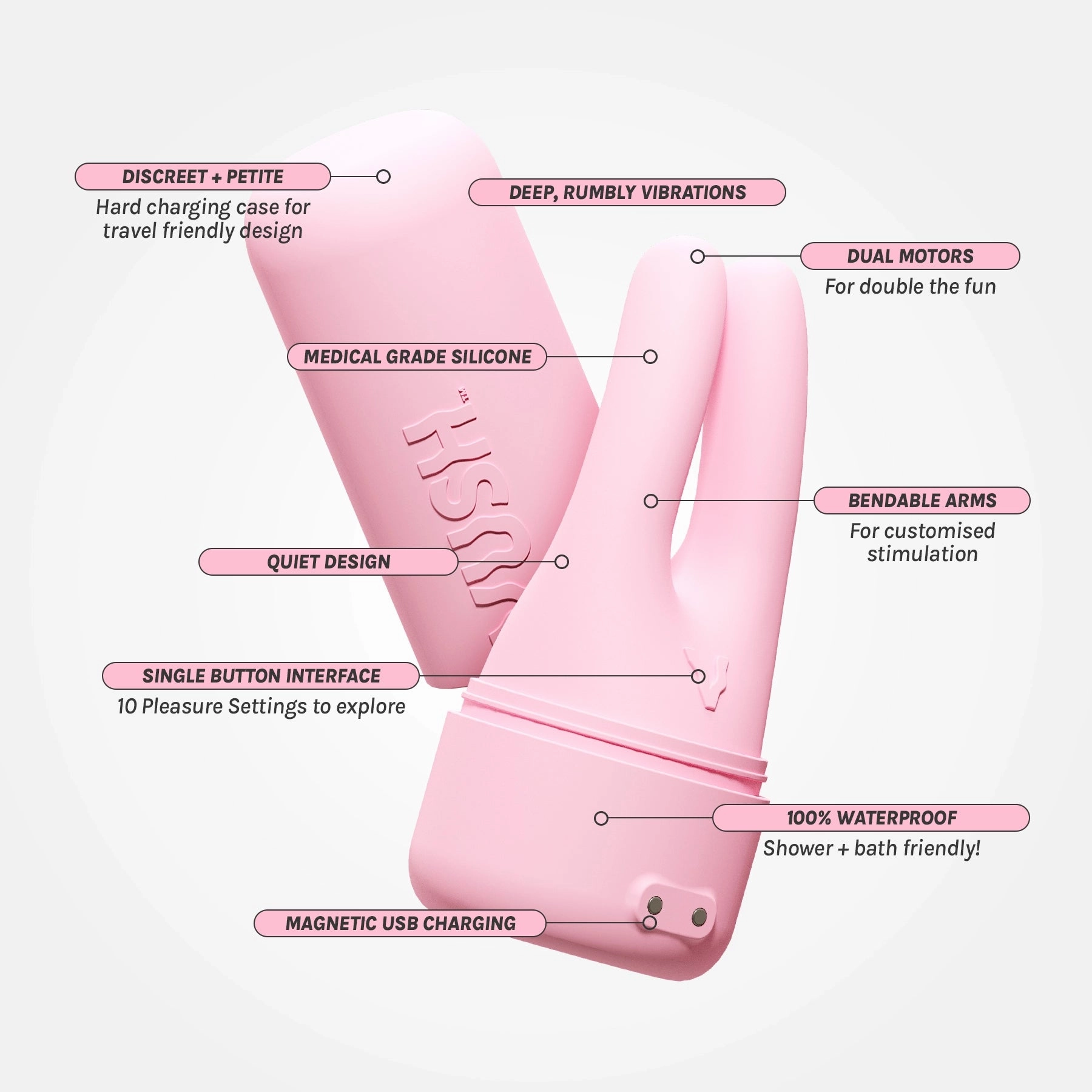 Swish - Compact   Rechargeable Pink Dual Tip Vibrator with Travel Case